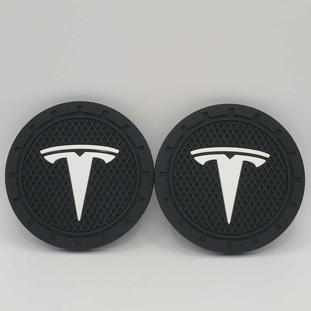 Tesla White Logo & Black Car Silicone Coasters for Tesla Cup Holders -Pack Of 2